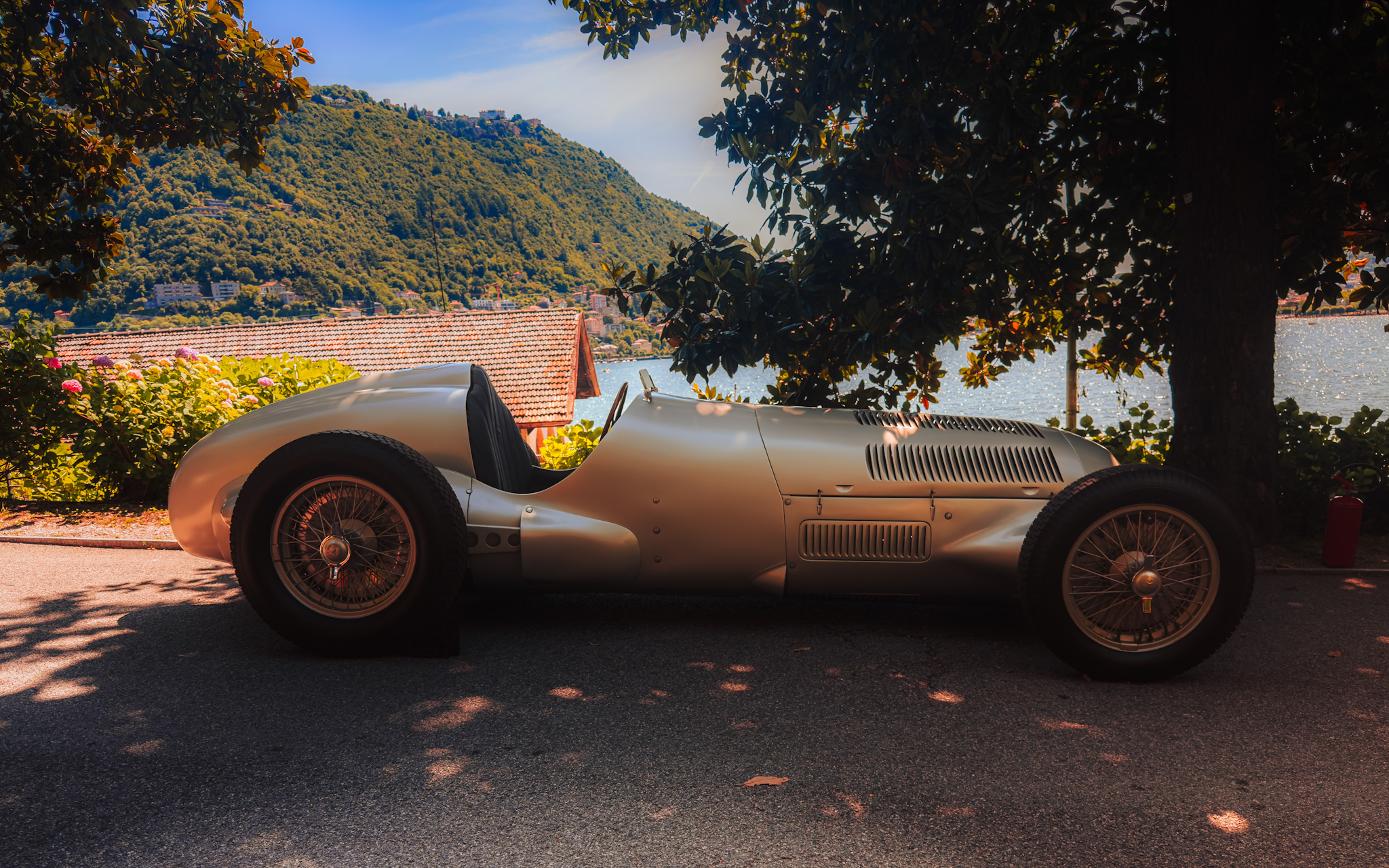 Pre-war Mercedes-Benz Silver Arrow single-seater beside Lake Como